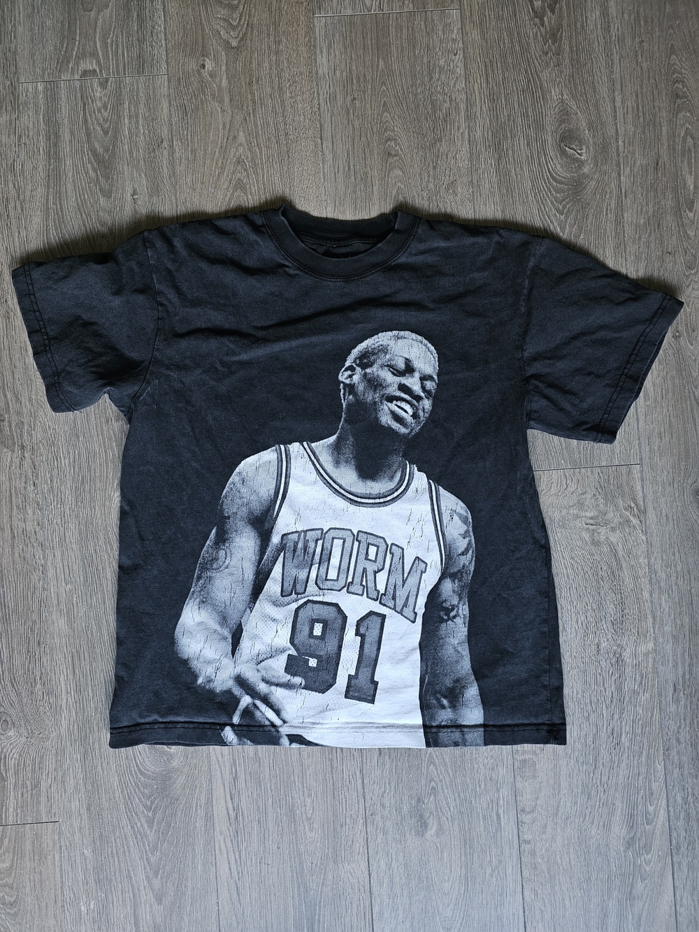 Dennis Rodman with 'WORM 91' Front Print Black Short-Sleeve Graphic Tee